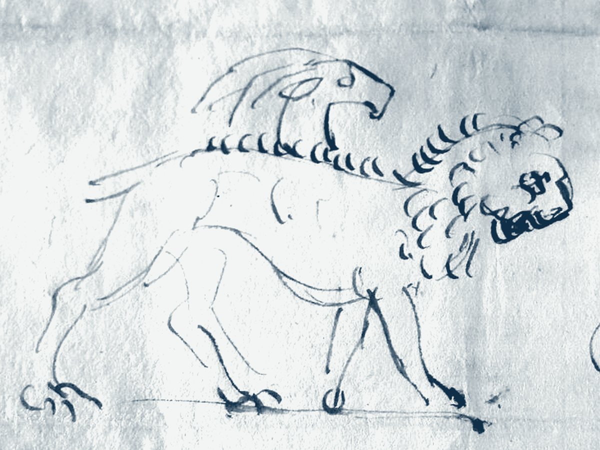 A quick pen sketch of the bronze Chimera, a lion with a goat's head rising from its back and no snake for a tail.