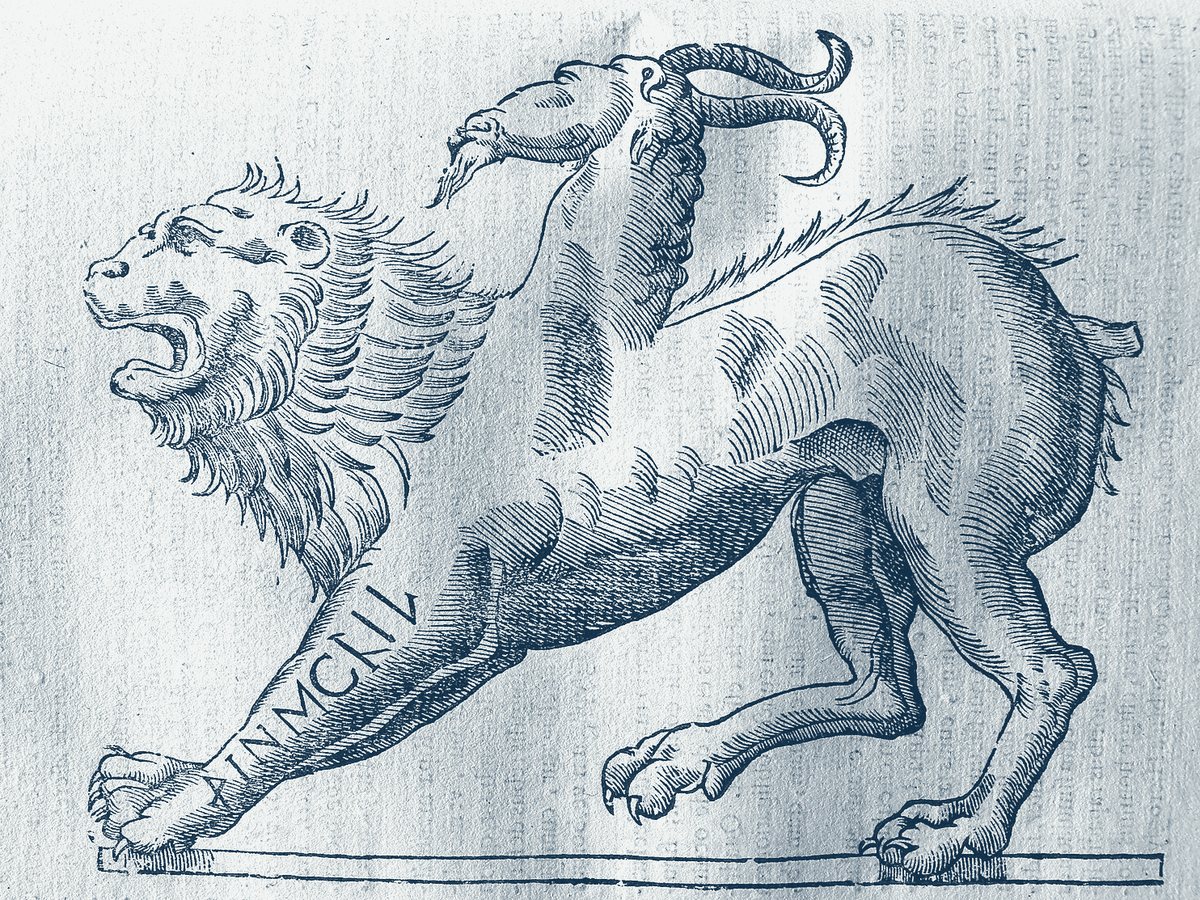 A woodcut of the Chimera of Arezzo from a seventeenth-century book of monsters, with a short stump where the tail should be.