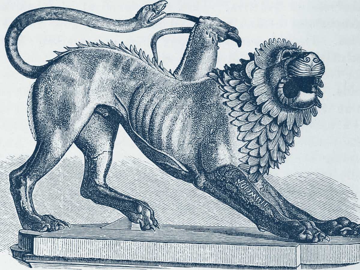 A nineteenth-century engraving of the bronze Chimera with its snake tail curling up to bite the goat's horn.